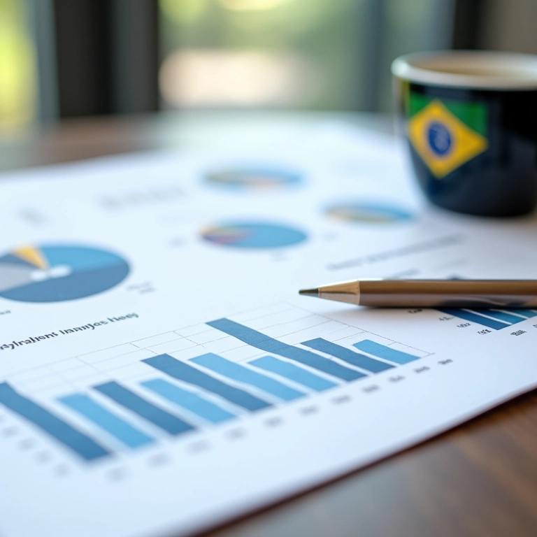 Relatório de análise de mercado com gráficos e xícara de café.