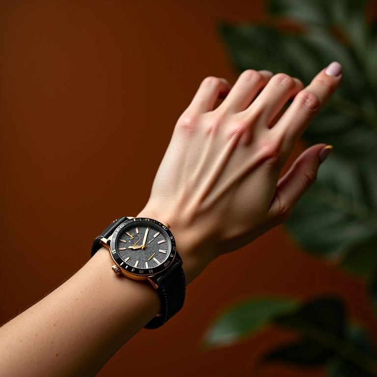 Relógio de pulso feminino elegante, com design brasileiro vibrante ao fundo.