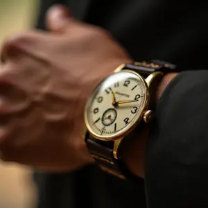Relógio de pulso vintage no pulso de uma pessoa, capturando a essência do tempo pessoal e estilo.