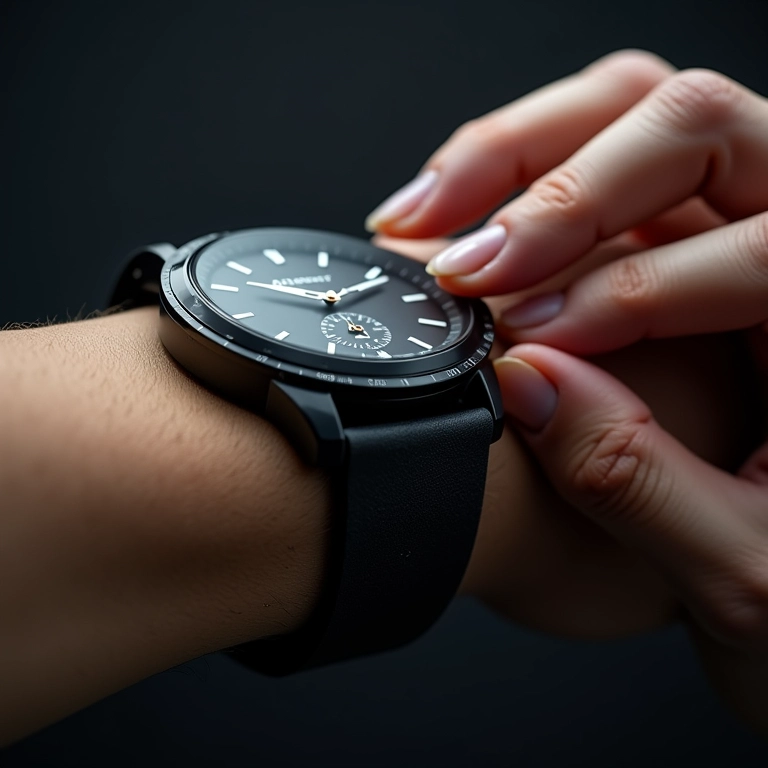 Relógio de quartzo moderno sendo ajustado, precisão e tecnologia.