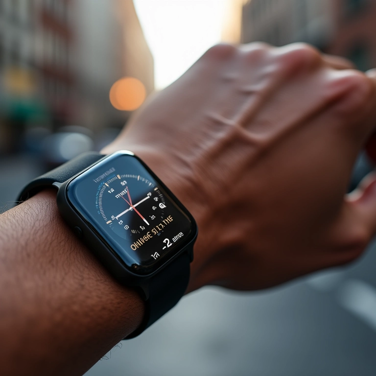 Relógio inteligente no pulso mostrando dados de fitness, estilo de vida moderno.