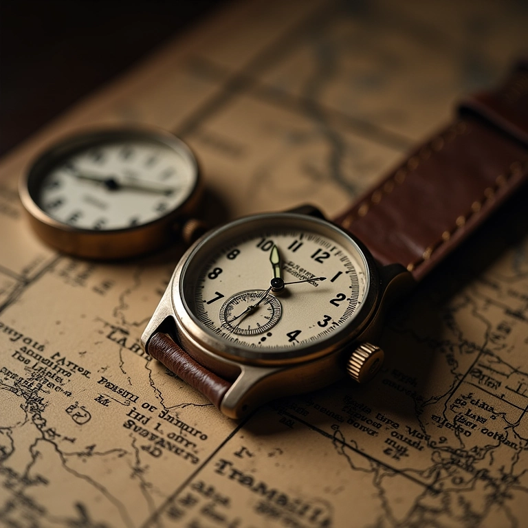 Relógio militar vintage sobre mapa antigo, simbolizando utilidade e história.