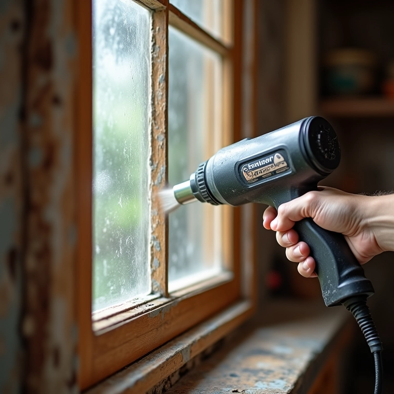 Remoção de tinta antiga de janela de madeira com pistola de calor.