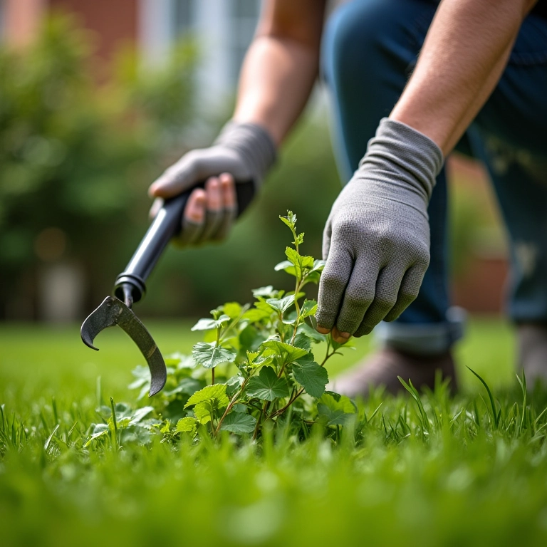 Removendo ervas daninhas manualmente do gramado.