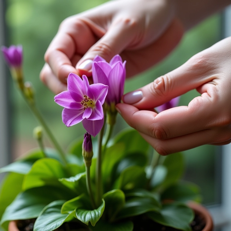 Removendo folhas e flores murchas de um ciclame com cuidado.