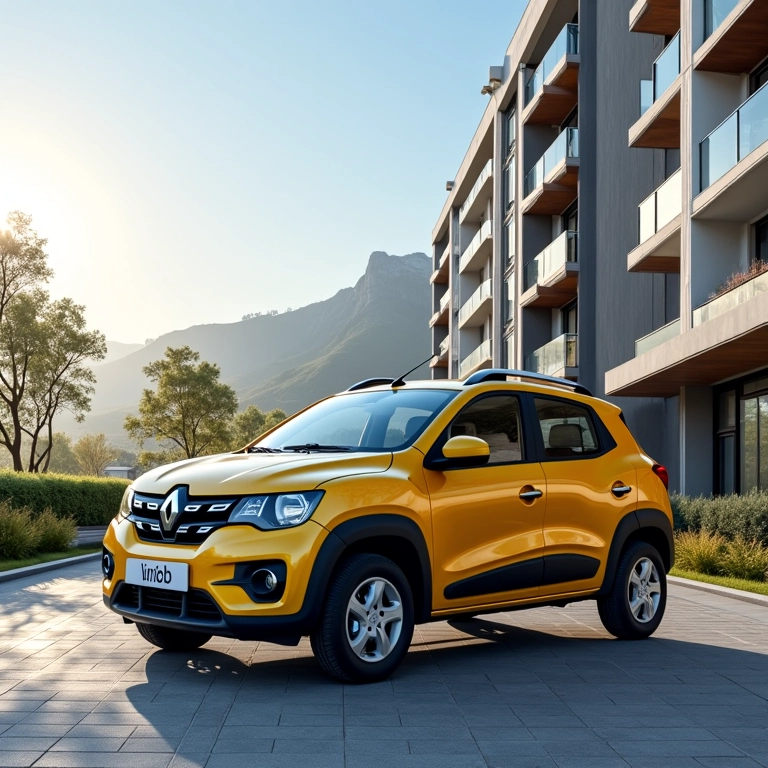 Renault Kwid 2025 em frente a prédio residencial.