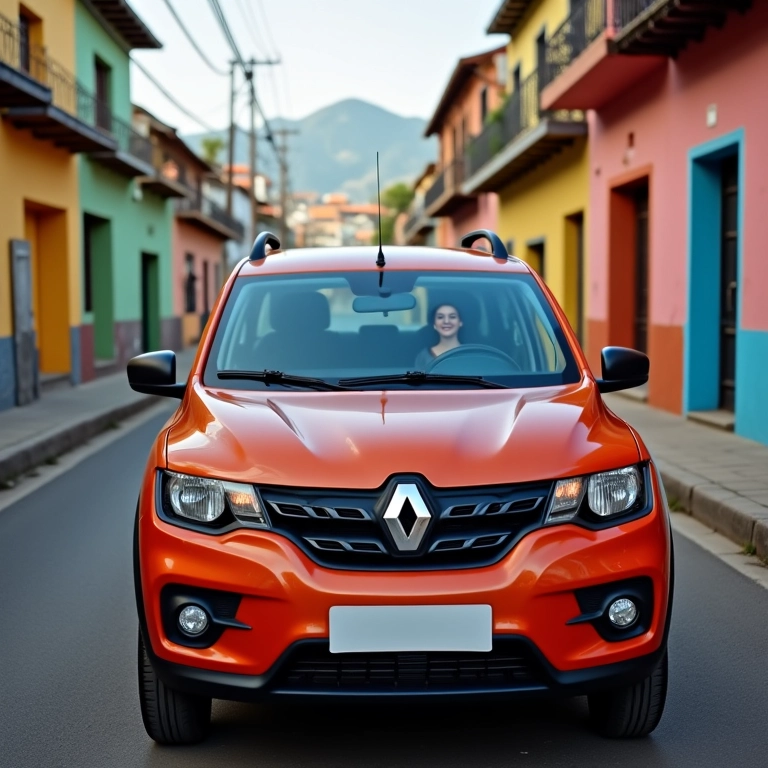 Renault Kwid estacionado em rua colorida no Brasil, jovem motorista sorrindo.