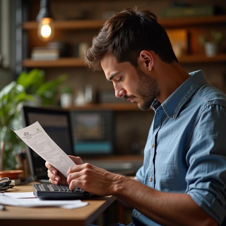 Reparador de instrumentos musicais controlando as finanças do MEI.