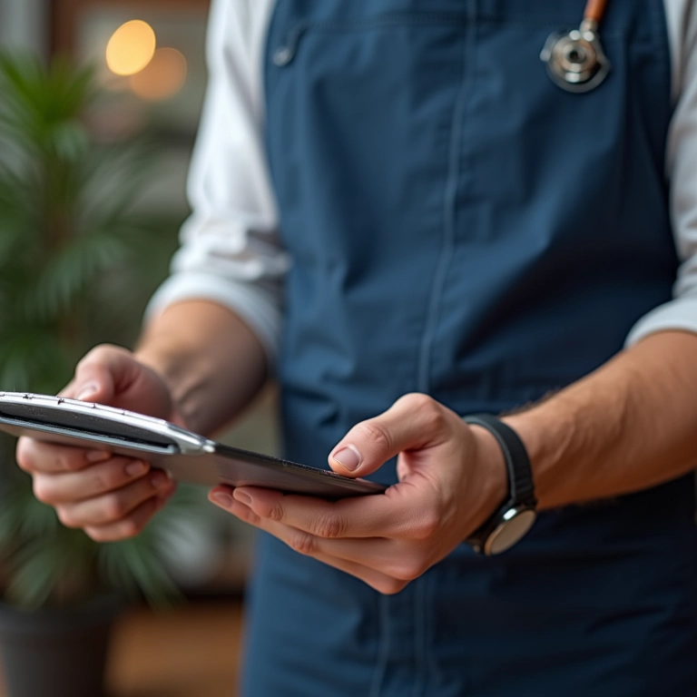 Reparador de instrumentos musicais emitindo nota fiscal para um cliente.