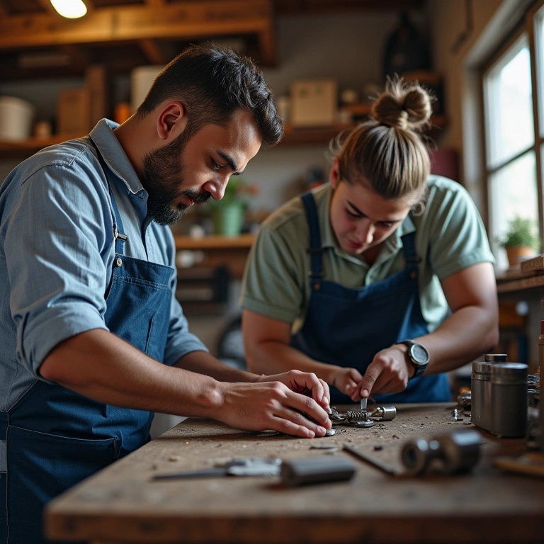 Reparador de instrumentos musicais MEI ensinando um aprendiz.