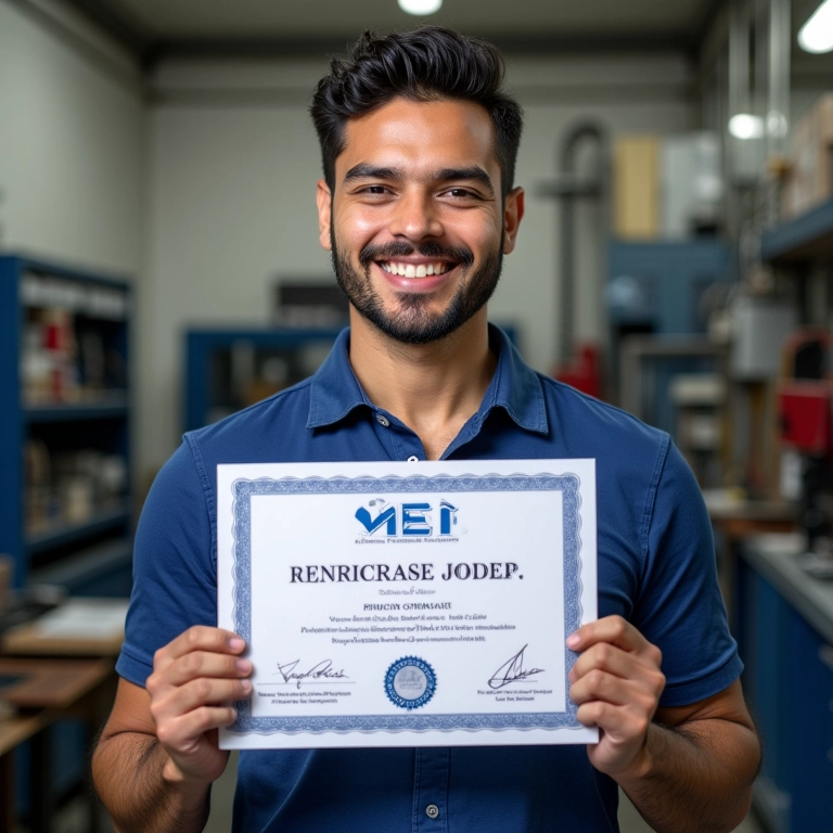 Reparador de instrumentos musicais MEI sorrindo com seu certificado.