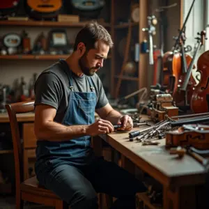Reparador de instrumentos musicais trabalhando em sua oficina, cercado por instrumentos.