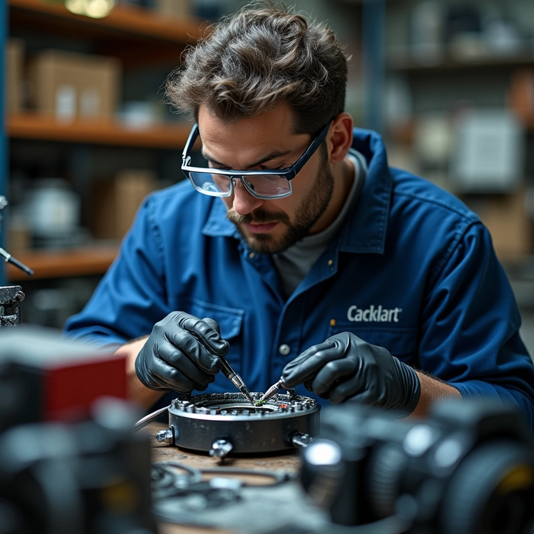 Reparador de instrumentos musicais utilizando equipamentos elétricos.