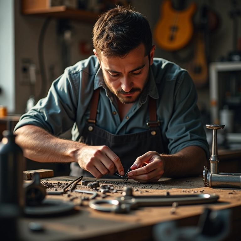 Reparador de instrumentos musicais utilizando ferramentas manuais.
