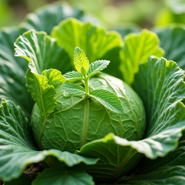 Repolho e hortelã crescendo juntos, uma combinação refrescante.