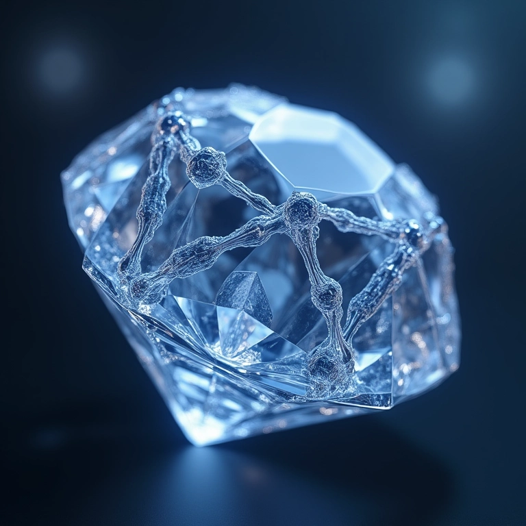 Representação 3D da estrutura atômica do diamante, mostrando as fortes ligações covalentes.