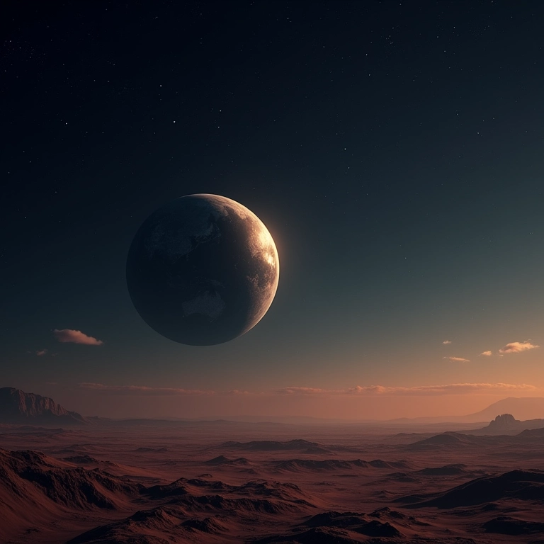 Representação da Terra sem atmosfera, com céu escuro e paisagem árida.