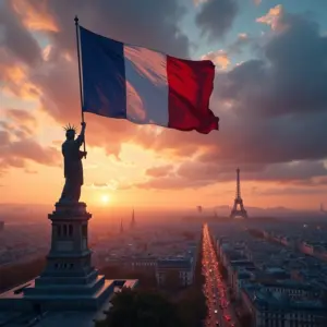 Representação épica da Revolução Francesa com os ideais de liberdade, igualdade e fraternidade.
