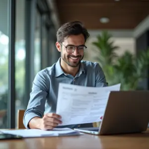 Representante comercial sorrindo em seu escritório, trabalhando como MEI.