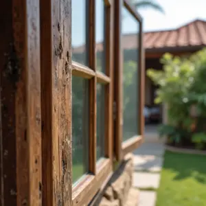 Restauração detalhada de janela de madeira antiga em casa brasileira.