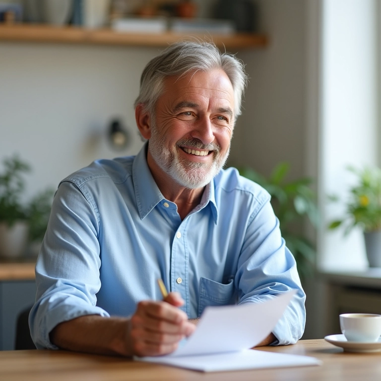 Restaurador sorrindo consultando seu planejamento de aposentadoria.