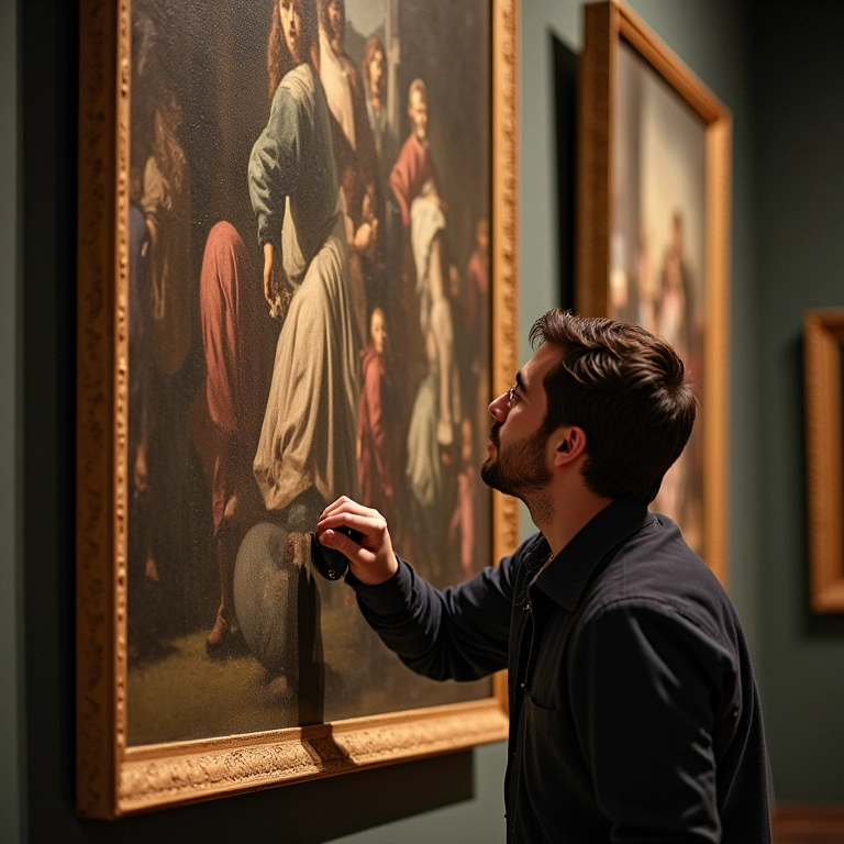 Restauradora trabalhando na preservação de uma pintura histórica em museu.