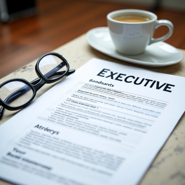 Resumo executivo bem escrito em uma mesa com café e óculos.