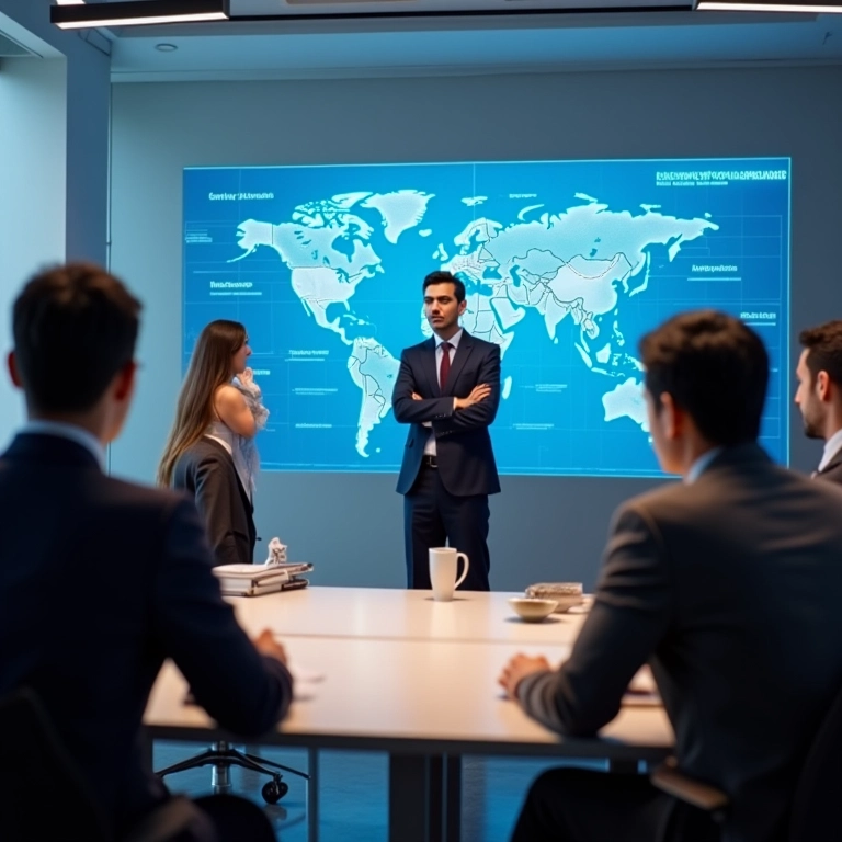 Reunião de negócios com pessoas falando inglês e mandarim, representando a língua dos negócios e tecnologia.
