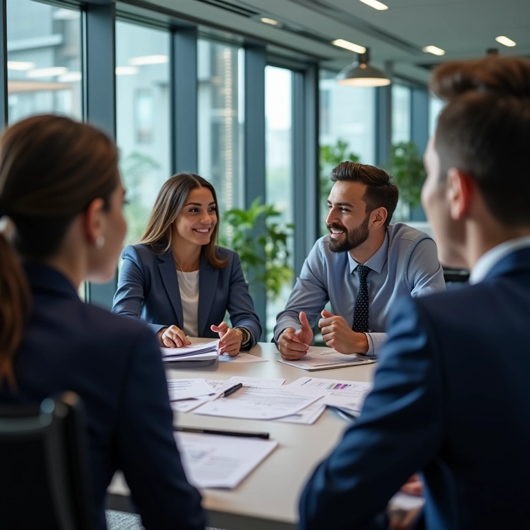 Reunião de negócios no Brasil, equipe diversificada discutindo relatórios estatísticos.
