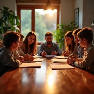 Reunião familiar para planejamento da sucessão em ambiente acolhedor e profissional.