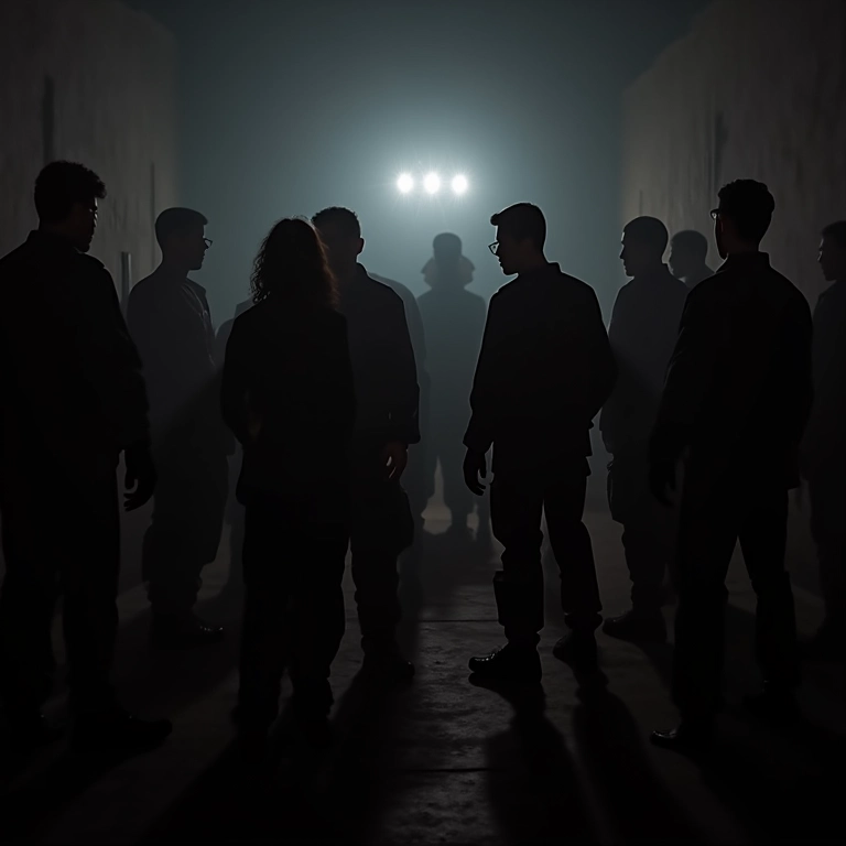 Reunião secreta de um grupo de resistência antifascista em uma sala mal iluminada.