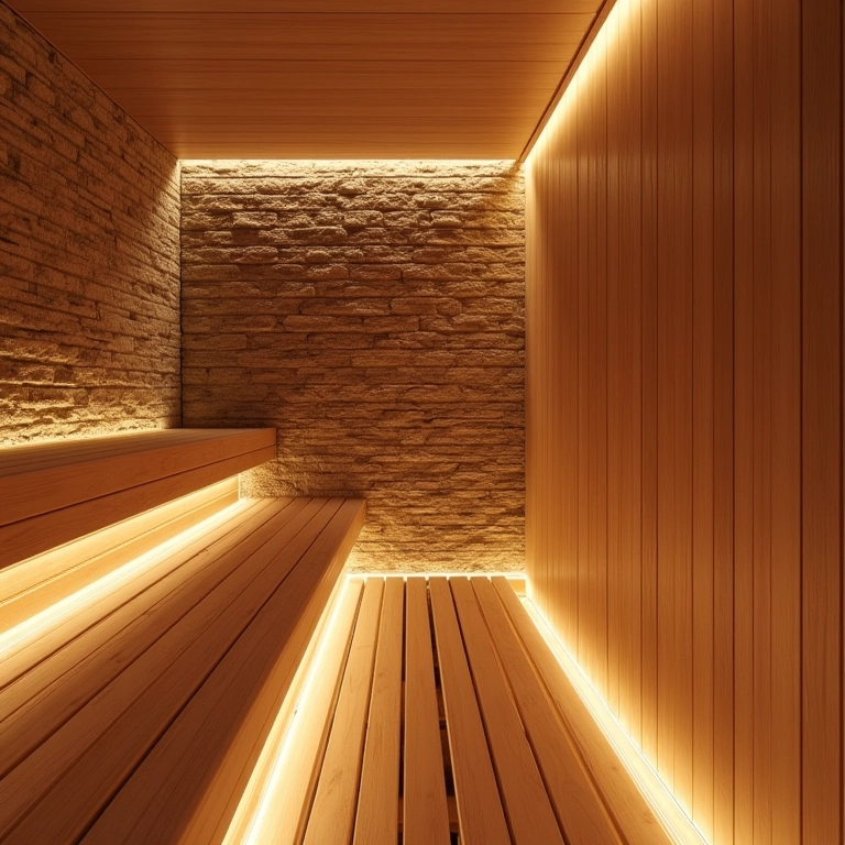 Revestimento natural de pedra em sauna com detalhes em madeira.