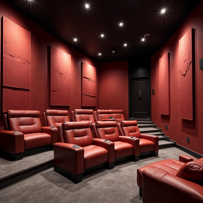 Revestimentos 3D e texturas sensoriais em sala de cinema.