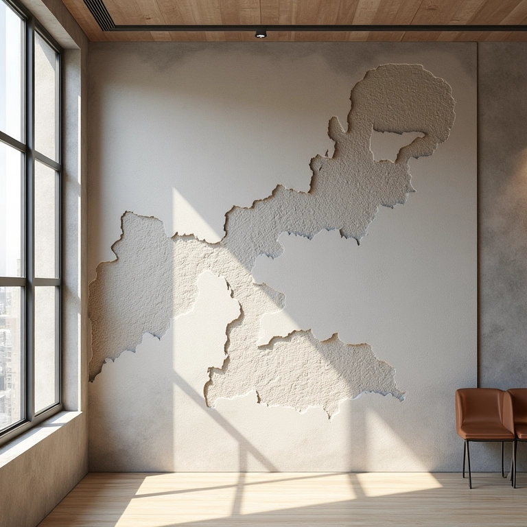 Revestimentos assimétricos em parede desconstrutivista.