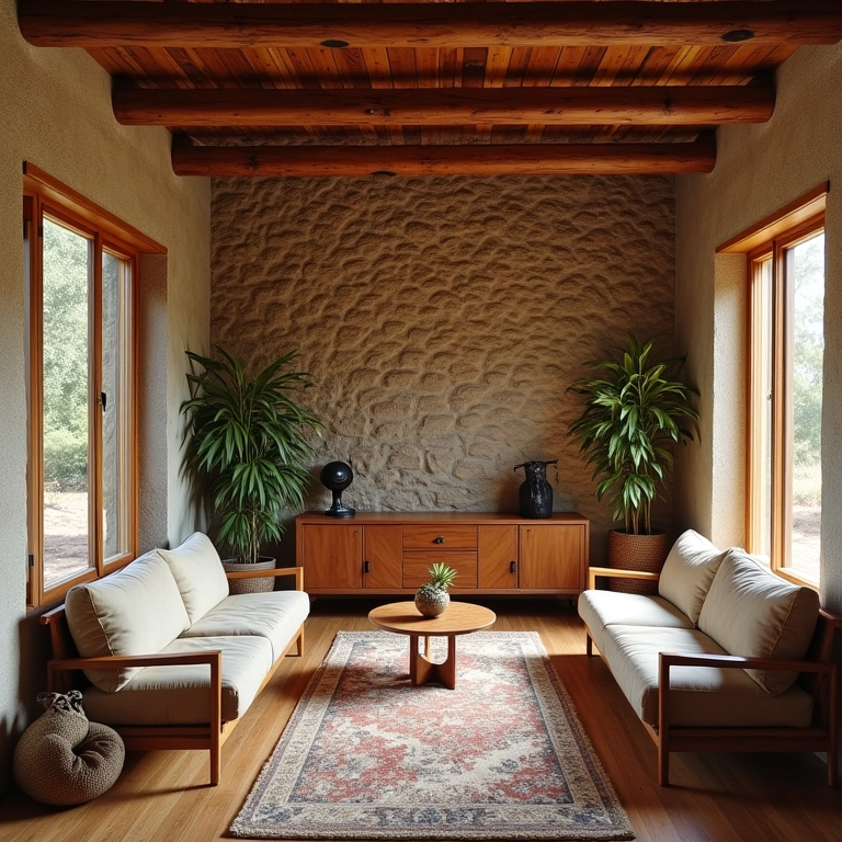 Revestimentos naturais em rancho: parede de pedra e piso de madeira criam um ambiente rústico e elegante.