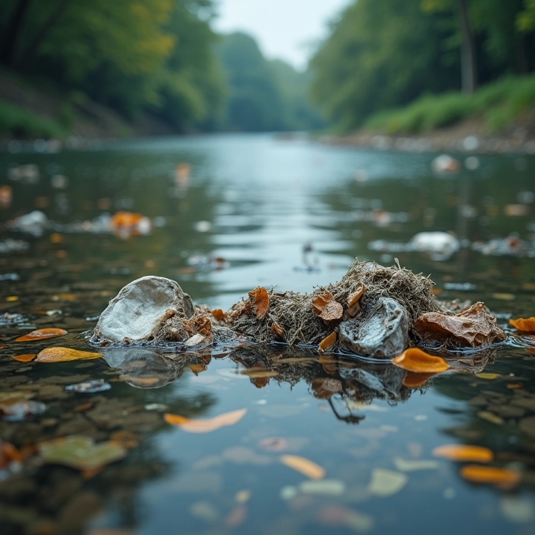 Rio poluído com lixo na superfície, representando o impacto da poluição no ciclo da água.