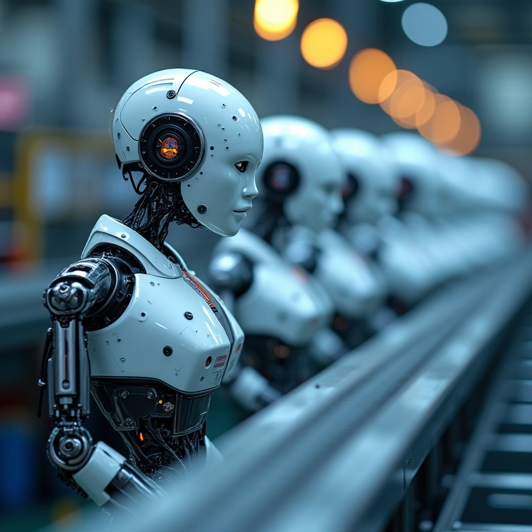 Robôs trabalhando em fábrica automatizada conectados por 5G.