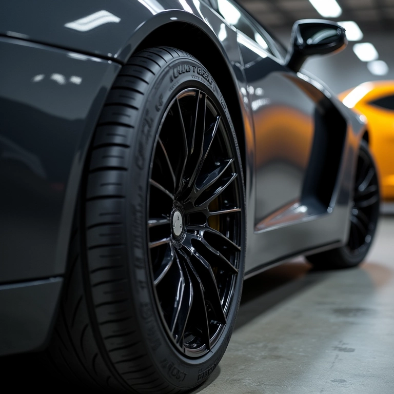 Rodas e pneus leves sendo instalados em um carro esportivo, destacando a redução de peso.