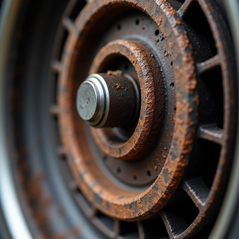 Rolamento de roda danificado com ferrugem.