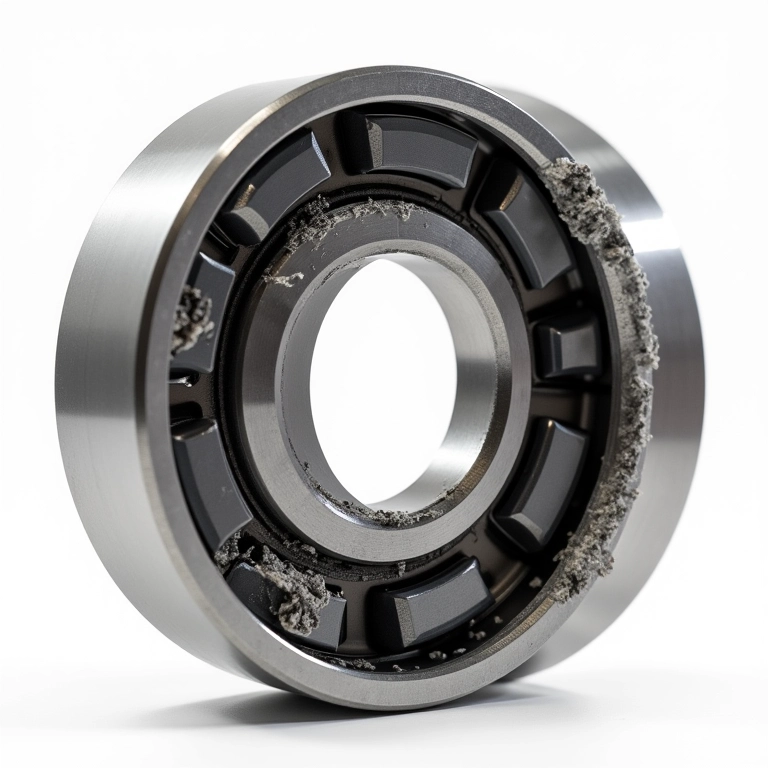 Rolamento de roda danificado mostrando sinais de desgaste.