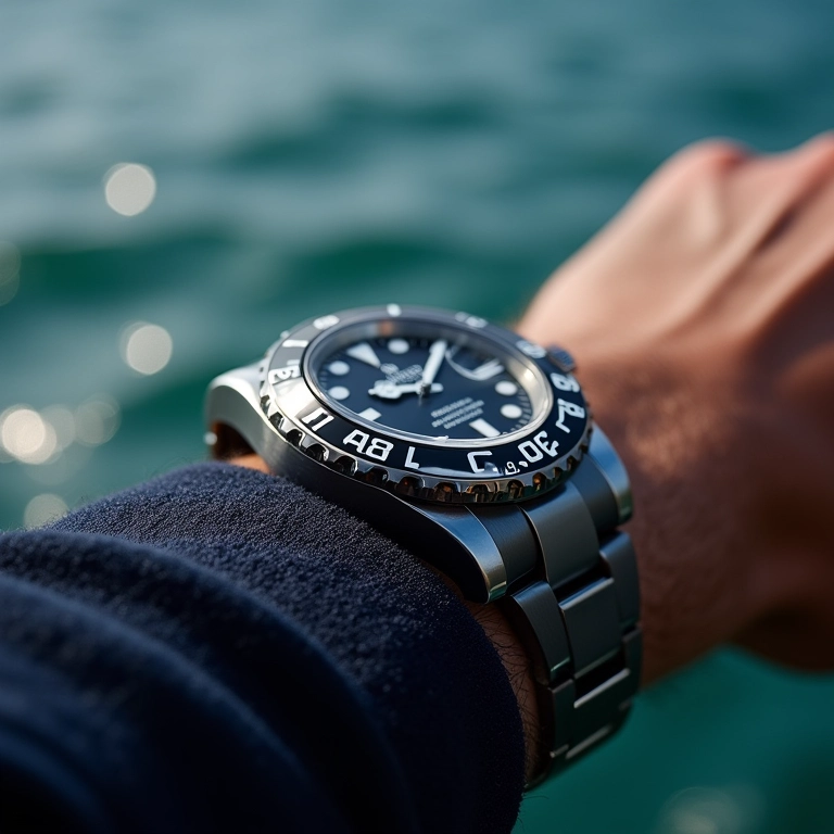 Rolex Submariner clássico com fundo do oceano, ícone de durabilidade e estilo.
