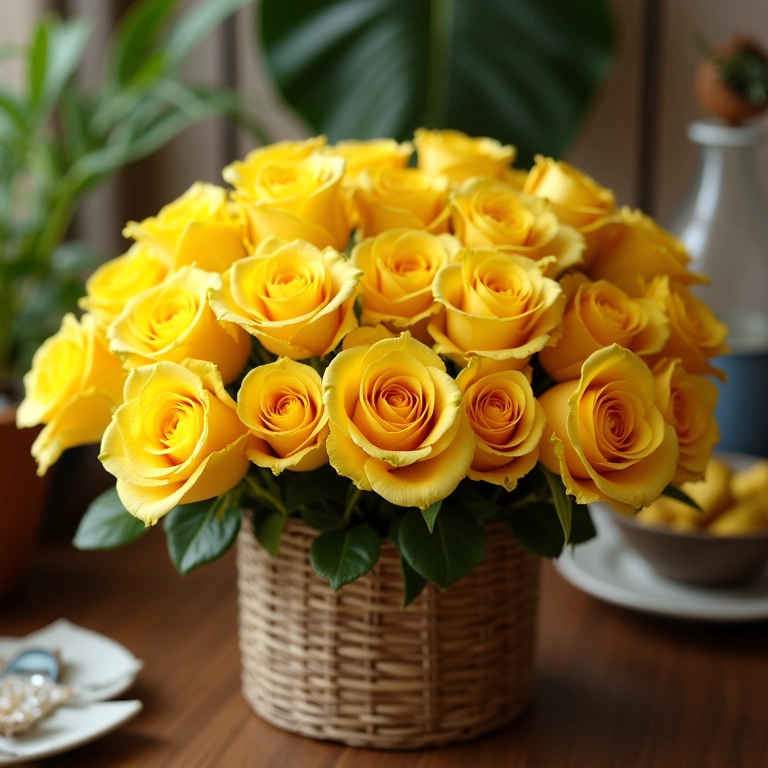Rosas amarelas em cesta de vime, simbolizando celebração e boas energias.