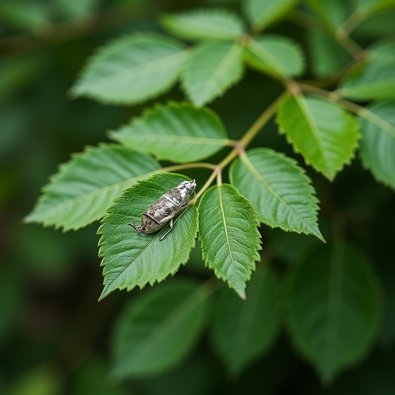 Roseira com folhas danificadas por tripes.