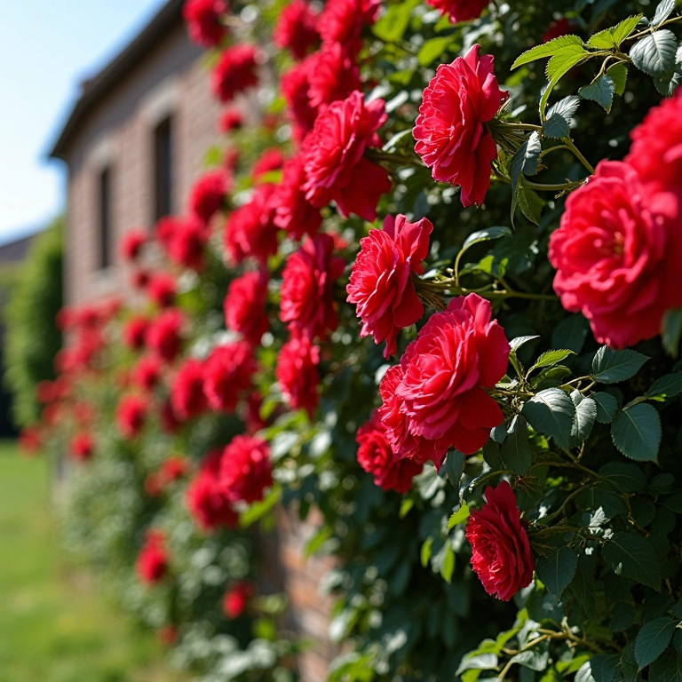 Roseira trepadeira com rosas vermelhas vibrantes em um muro de jardim.