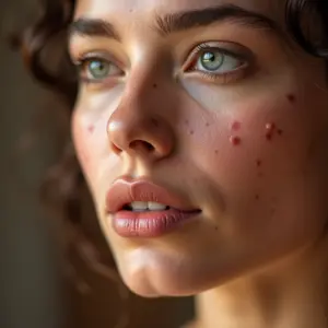 Rosto de mulher com cicatrizes de acne, demonstrando textura real da pele.