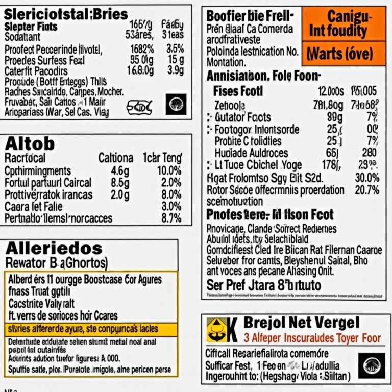 Rótulos de alimentos com informações claras e avisos de alergênicos.