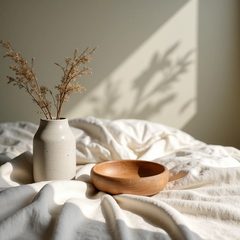 Roupas de cama de linho, tigela de madeira e vaso de pedra com iluminação natural.