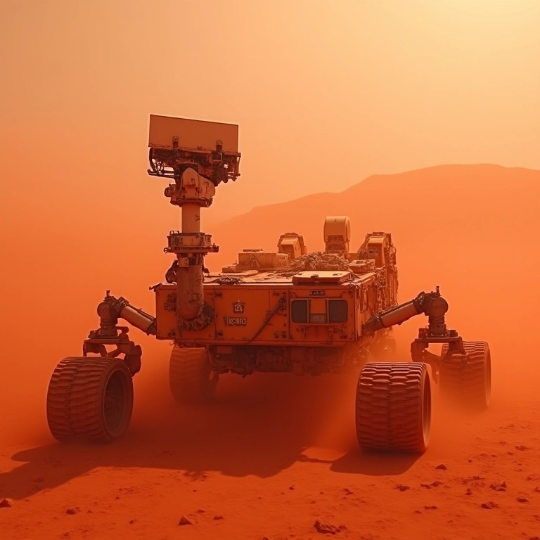 Rover marciano coberto de poeira e equipamentos danificados.