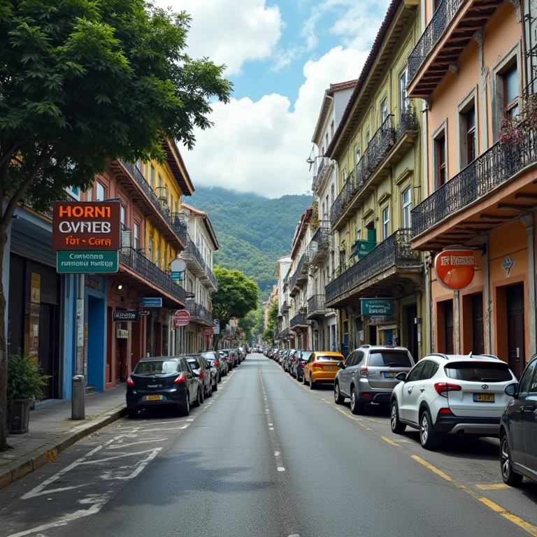 Rua urbana com sinalização para centros de teste genético.