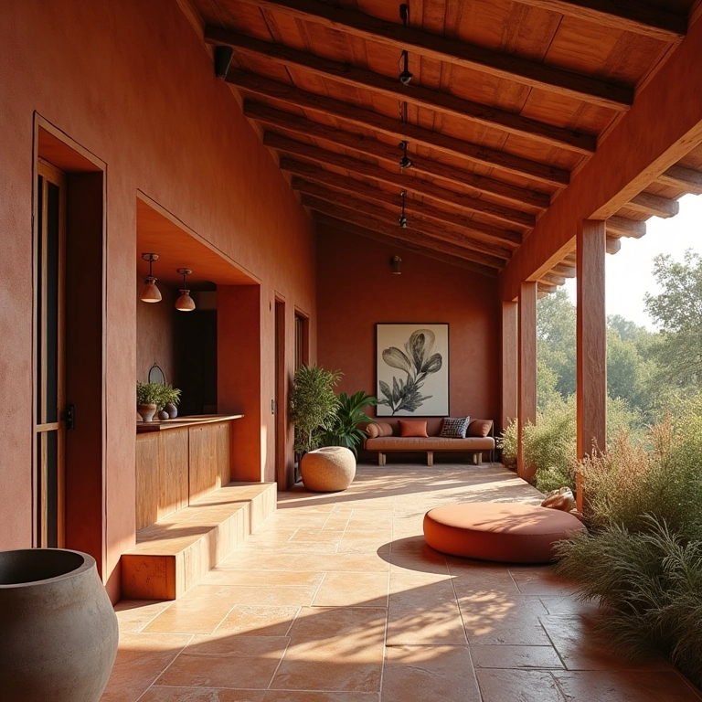 Rústico moderno rancho: terracota, madeira, tons terrosos, luz natural.